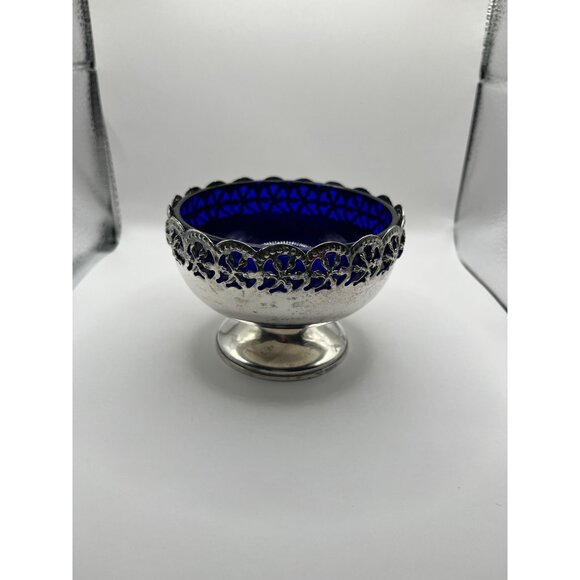 Celtic Quality Plate Cobalt Blue Bowl Silver Plate Pedestal Candy Trinket Dish - Picture 3 of 7